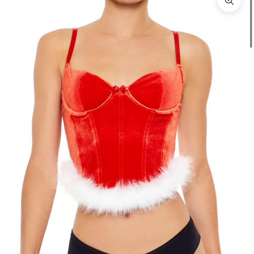 Forever 21 Christmas Red Velvet Corset with White Fur Trim